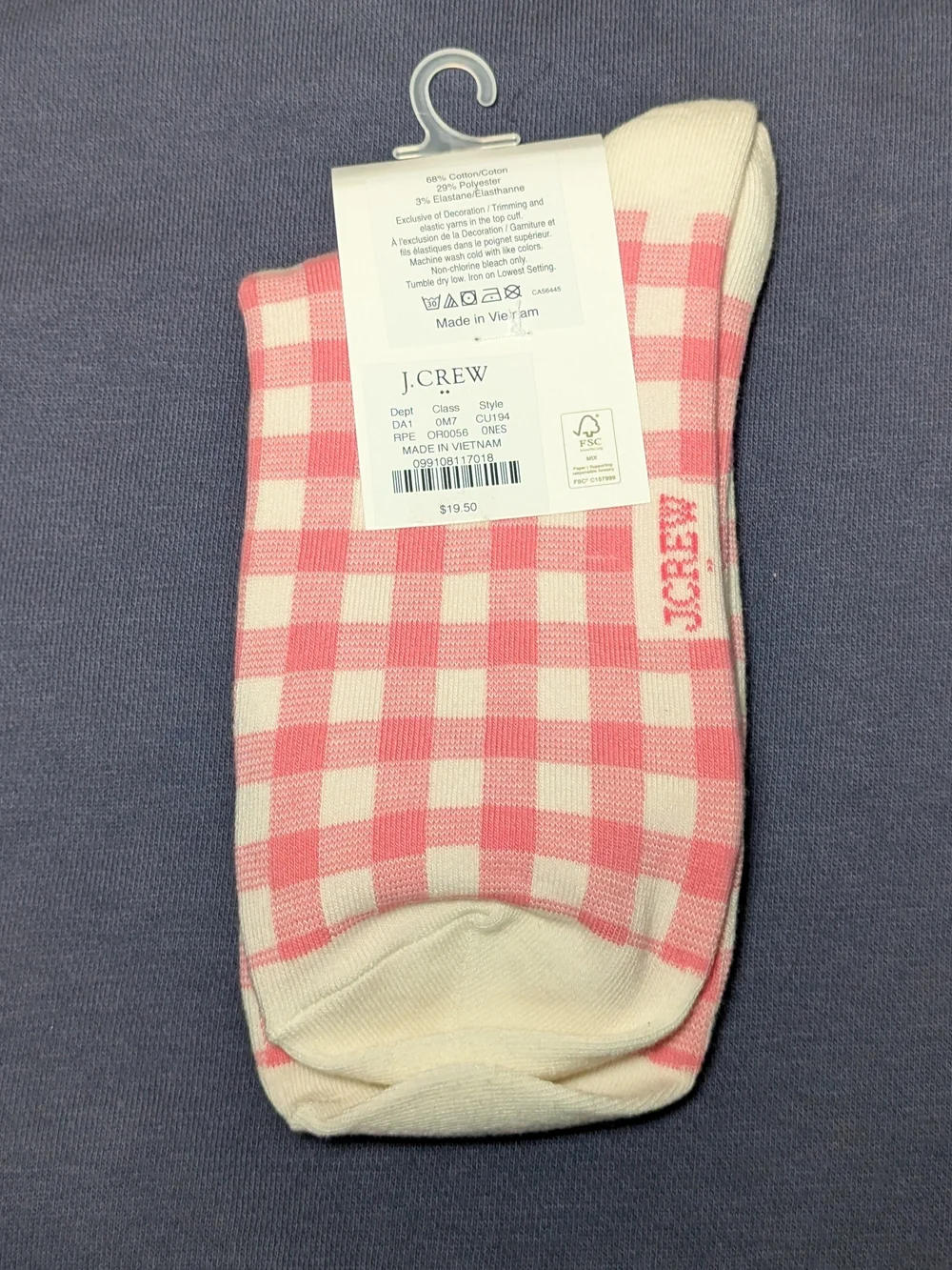 NWT J. Crew Embroidered Palm Tree Gingham Boot Socks One Size (Pink White)